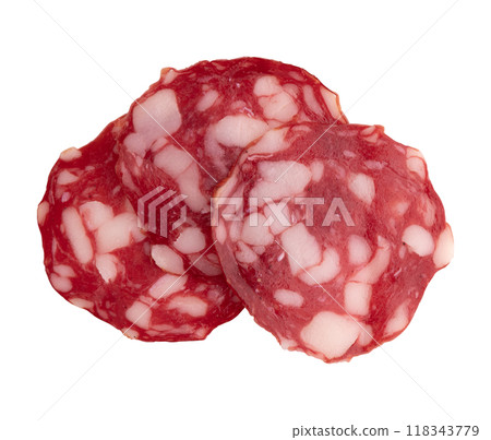 salami sausage cut into pieces isolated on white 118343779