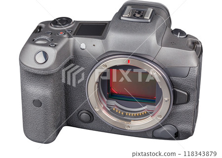 black professional mirrorless camera body isolated on white background 118343879