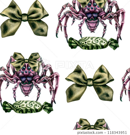 Seamless pattern for Halloween with beautiful spiders, candies and bows. Watercolor background for invitations, cards, invitations, wallpapers, backdrops, bed linen, curtains, decorative textiles 118343951