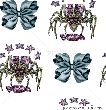 Seamless pattern for Halloween with beautiful spiders, candies and bows. Watercolor background for invitations, cards, invitations, wallpapers, backdrops, bed linen, curtains, decorative textiles 118343952