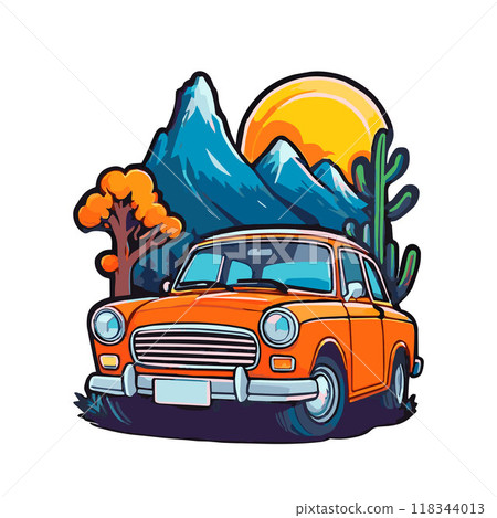 Glossy orange retro car on mountains background, vintage sticker isolated on white 118344013