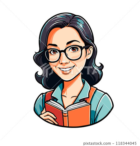 Portrait of a smiling girl with glasses and a book in her hands on a white background Portrait of a smiling girl with glasses and a book in her hands on a white background 118344045