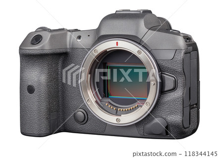 black professional mirrorless camera body isolated on white background 118344145