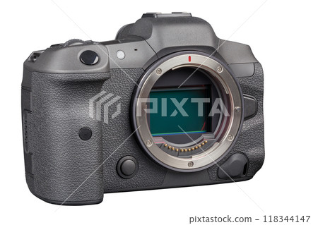 black professional mirrorless camera body isolated on white background 118344147