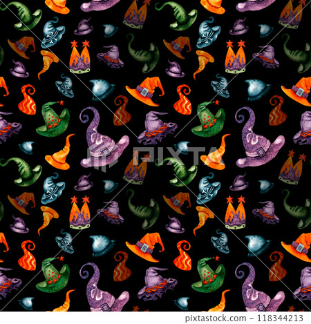 Seamless Halloween pattern with fun colorful hats. Watercolor background for menus, cards, invitations, wallpapers, backdrops, bed linen, curtains, decorative textiles, pillows, tablecloths 118344213