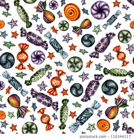 Seamless pattern for Halloween with lollipops, candies, sweets. Watercolor background for menu, cards, invitations, wallpapers, backdrops, bed linen, curtains, decorative textile, pillows, tablecloth 118344217