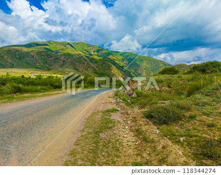 empty road to mountains at sunny summer day 118344274