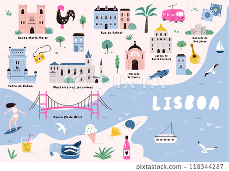 Hand-Drawn vector illustrated map of Lisbon with famous landmarks, symbols Hand-Drawn vector illustrated map of Lisbon with famous landmarks, symbols 118344287