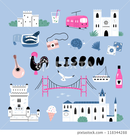 Hand drawn vector posters with Lisbon famous symbols, landmarks Hand drawn vector posters with Lisbon famous symbols, landmarks 118344288