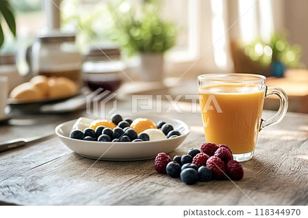 Delicious breakfast with orange juice, berries and boiled eggs on wooden table 118344970