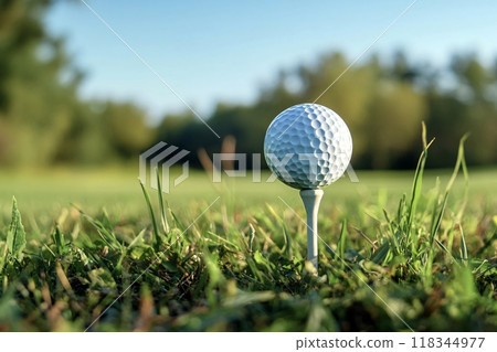 White golf ball sitting on tee on golf course White golf ball sitting on tee on golf course 118344977