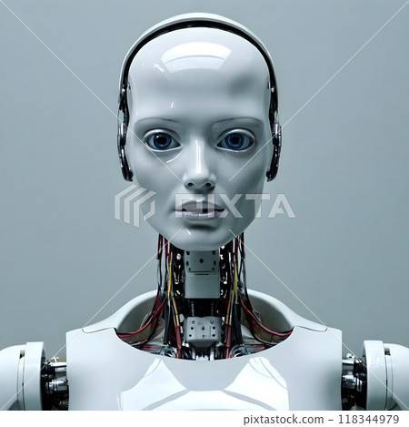 Realistic Humanoid Robot with Intricate Wiring and Glossy White Exterior Unveiled 118344979
