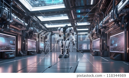 Advanced Humanoid Robots Navigate Through High-Tech Corridor Space Station. Advanced Humanoid Robots Navigate Through High-Tech Corridor Space Station. 118344989