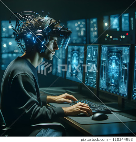 Futuristic Scientist Using Advanced Brain-Interface Technology for Humanoid Research 118344998