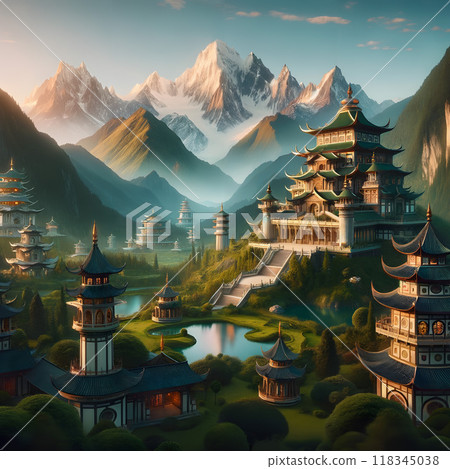 Enchanted Valley of Pagodas Amidst Snowy Peaks: A Vision of Shangri-La 118345038