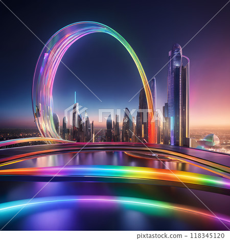 Twilight Neon Arcs in Futuristic Metropolis: A Vision of Tomorrow's Skyline. 118345120