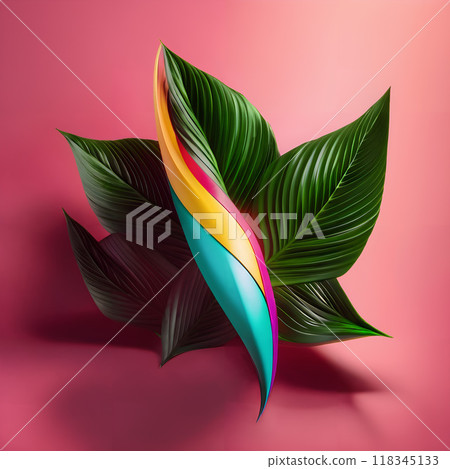 Colorful Gradient Leaf Amongst Green Foliage on Pink Background Artwork 118345133