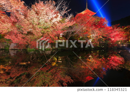 [Kyoto Prefecture] Symmetrical Kiyomizu-dera three-storied pagoda and colored leaves light up 118345321