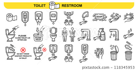 Public toilet, male female restroom, electric hand dryer, sensor water tap, washing hand with soap, paper towel dispenser line icon set. Do not throw trash in WC bowl. Flush water in lavatory vector Public toilet, male female restroom, electric hand dryer, sensor water tap, washing hand with soap, paper towel dispenser line icon set. Do not throw trash in WC bowl. Flush water in lavatory vector 118345953