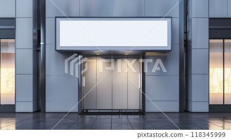 Illuminated sign above the entrance of a modern building. 118345999