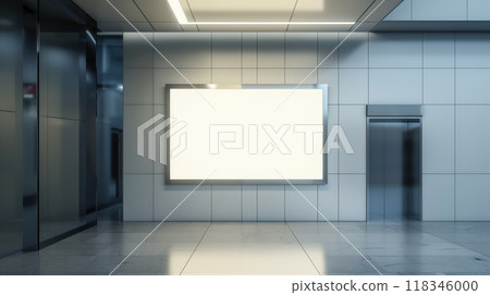 Illuminated sign above the entrance of a modern building. 118346000