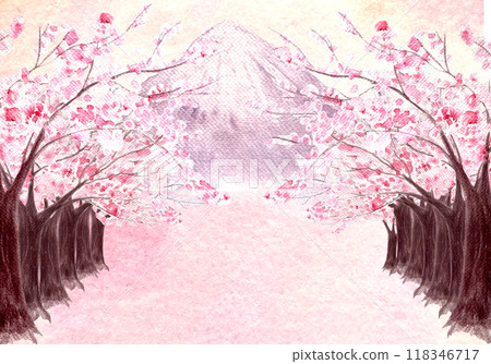 Sakura tree horizontal card on textured pink background with a mountain in the distance. Watercolor hand painted nature design great for cards, banners, spring invitations, beauty salons, tourist ads Sakura tree horizontal card on textured pink background with a mountain in the distance. Watercolor hand painted nature design great for cards, banners, spring invitations, beauty salons, tourist ads 118346717