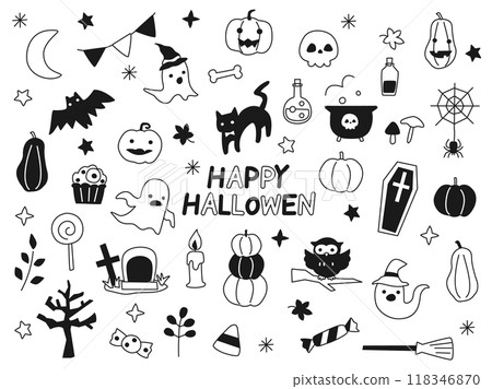 Set of monochrome hand-drawn style Halloween illustrations 118346870