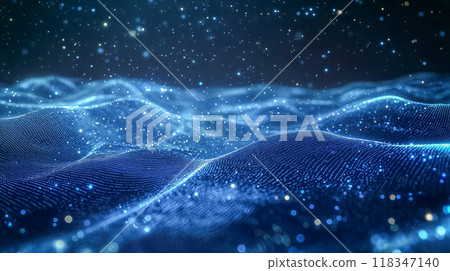 Silent digital blue particles floating in abstract space, soft lighting and sparkling bokeh 118347140