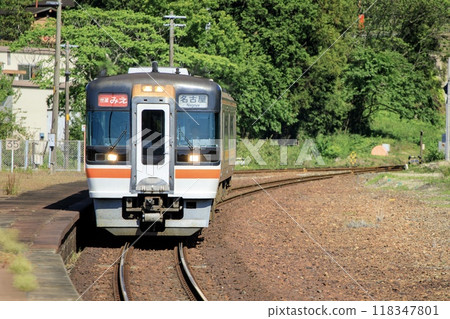 Rapid Mie train arriving at Futaminoura Station, Ise City 118347801