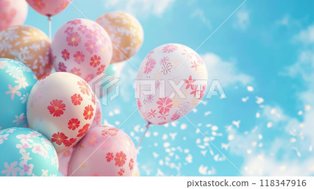 Blue sky and floral balloons 118347916