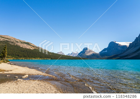 Bow Lake lakeshore in summer sunny day. Bow Glacier, Banff National Park, Canadian Rockies, Alberta, Canada. Bow Lake lakeshore in summer sunny day. Bow Glacier, Banff National Park, Canadian Rockies, Alberta, Canada. 118348286