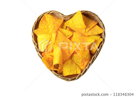Crispy corn tortilla nachos chips placed in basket isolated on white background 118348304