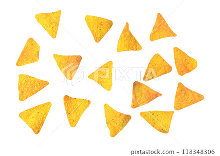 Crispy corn tortilla nachos chips isolated on white background 118348306