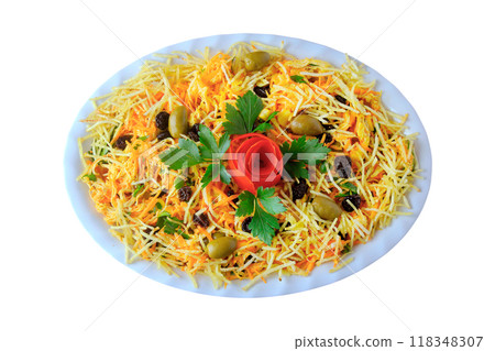 Salpicao is a typical Brazilian salad, made with shredded chicken and potato sticks isolated on white background 118348307