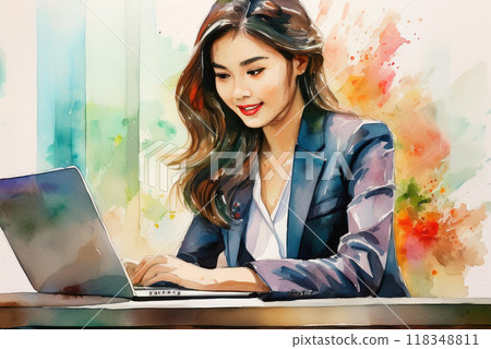 A woman using a computer in a bright room 118348811