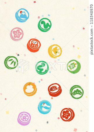 A cute and relaxed Japanese-style New Year's card design featuring lucky candy (no text) 118348970