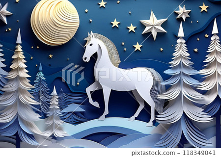 A glittering winter scene in the moonlight - A scene with a white horse 118349041