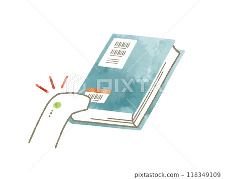 Library books and barcode reader - watercolor 118349109