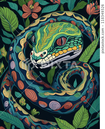 Illustration of a green snake surrounded by plants 118349326