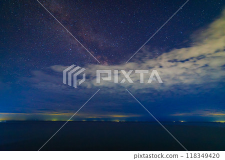 starry night sky over large mountain lake at night 118349420