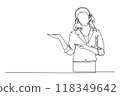 Single continuous line drawing attractive female consultant standing and giving speech to audience at the office. Public speaker presentation concept. One line draw graphic design vector illustration 118349642