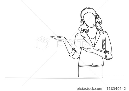 Single continuous line drawing attractive female consultant standing and giving speech to audience at the office. Public speaker presentation concept. One line draw graphic design vector illustration 118349642