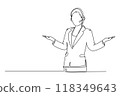 Single continuous line drawing young happy female motivator poses neatly in front of camera after presentation at the office. Public trainer concept. One line draw graphic design vector illustration 118349643