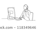 Single one line drawing young happy female call center worker answering complain from customer or client kindly. Helpdesk center care concept. Continuous line draw design graphic vector illustration 118349646