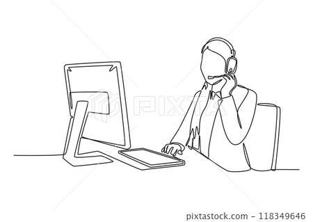 Single one line drawing young happy female call center worker answering complain from customer or client kindly. Helpdesk center care concept. Continuous line draw design graphic vector illustration Single one line drawing young happy female call center worker answering complain from customer or client kindly. Helpdesk center care concept. Continuous line draw design graphic vector illustration 118349646