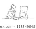 Single one line drawing of female call center worker sitting in front of computer answering phone from buyer. Customer service business concept. Continuous line draw design graphic vector illustration 118349648