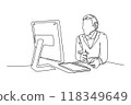 Single one line drawing male call center worker writing some notes in front of monitor while handle customer complaint. Customer service care. Continuous line draw design graphic vector illustration 118349649