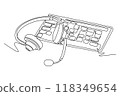 Single one line drawing of headphone with microphone and keyboard on working desk as customer service care equipment tools. Call center concept. Continuous line draw design graphic vector illustration 118349654