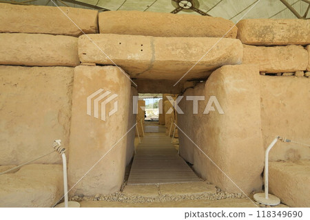 The main gate of the megalithic temples of Hajar Qim, a World Heritage Site in Malta The main gate of the megalithic temples of Hajar Qim, a World Heritage Site in Malta 118349690