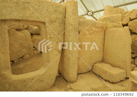 Windowstone of the megalithic temples of Hajar Qim, a World Heritage Site in Malta Windowstone of the megalithic temples of Hajar Qim, a World Heritage Site in Malta 118349692